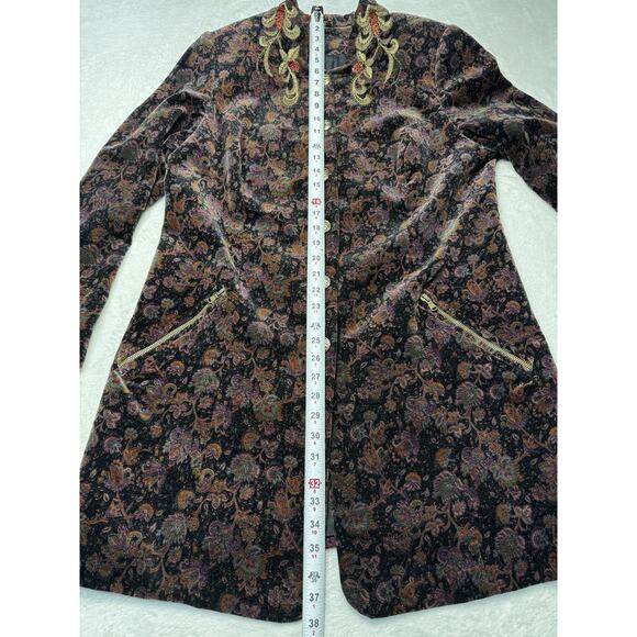 Boho Velvet Embroidered Paisley Tunic Jacket Beaded Collar Zip Pockets SZ M - Picture 6 of 12